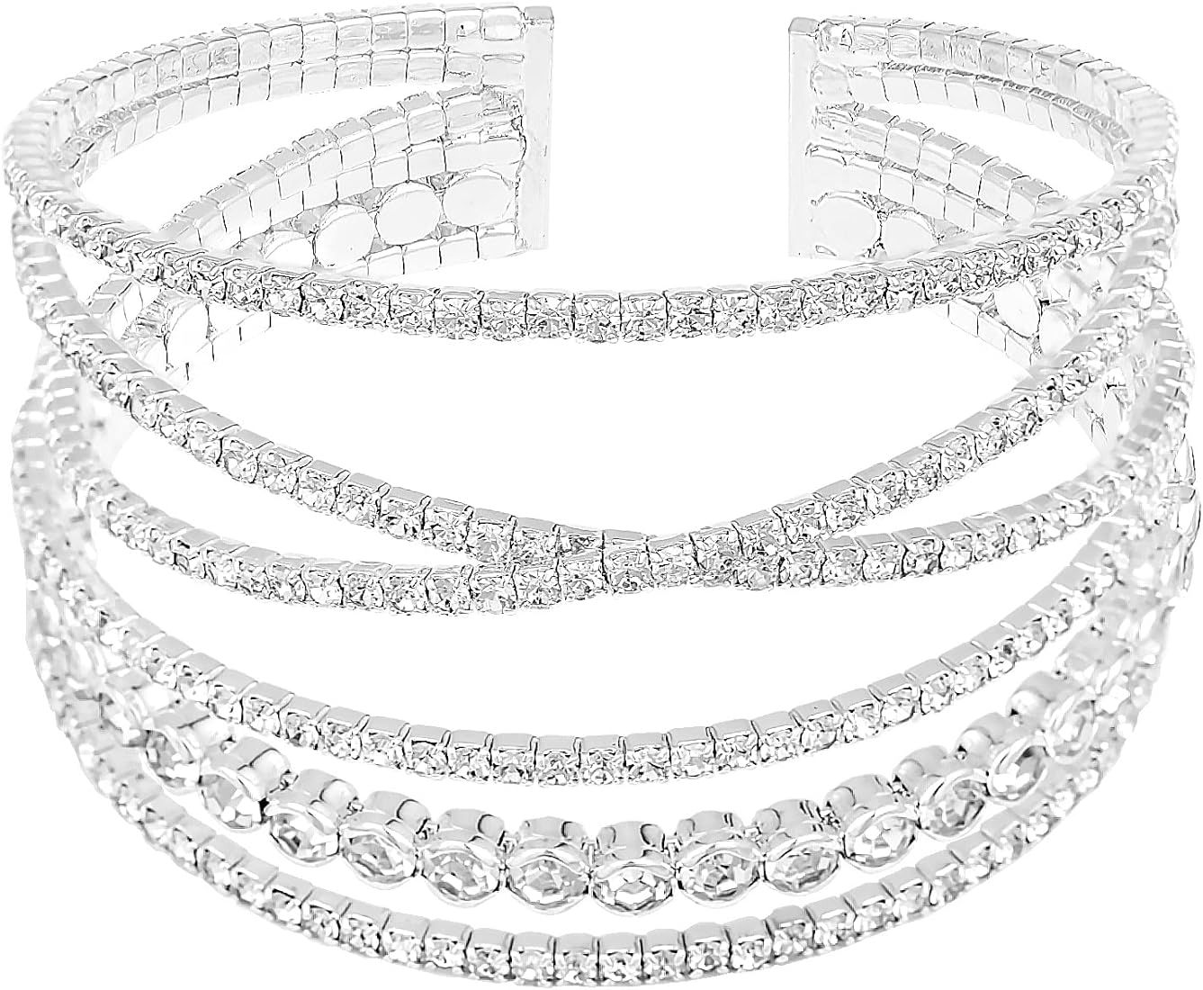 MultiLayer Crystal Rhinestone Cuff Bracelet For Women Girls Silver Strand Layered Bridal Bracelet Je | Amazon (US)