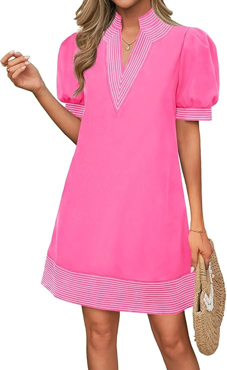 Wenrine Womens Summer V Neck Shift Dresses Casual Puff Short Sleeve Color Block Short Boho Beach ... | Amazon (US)