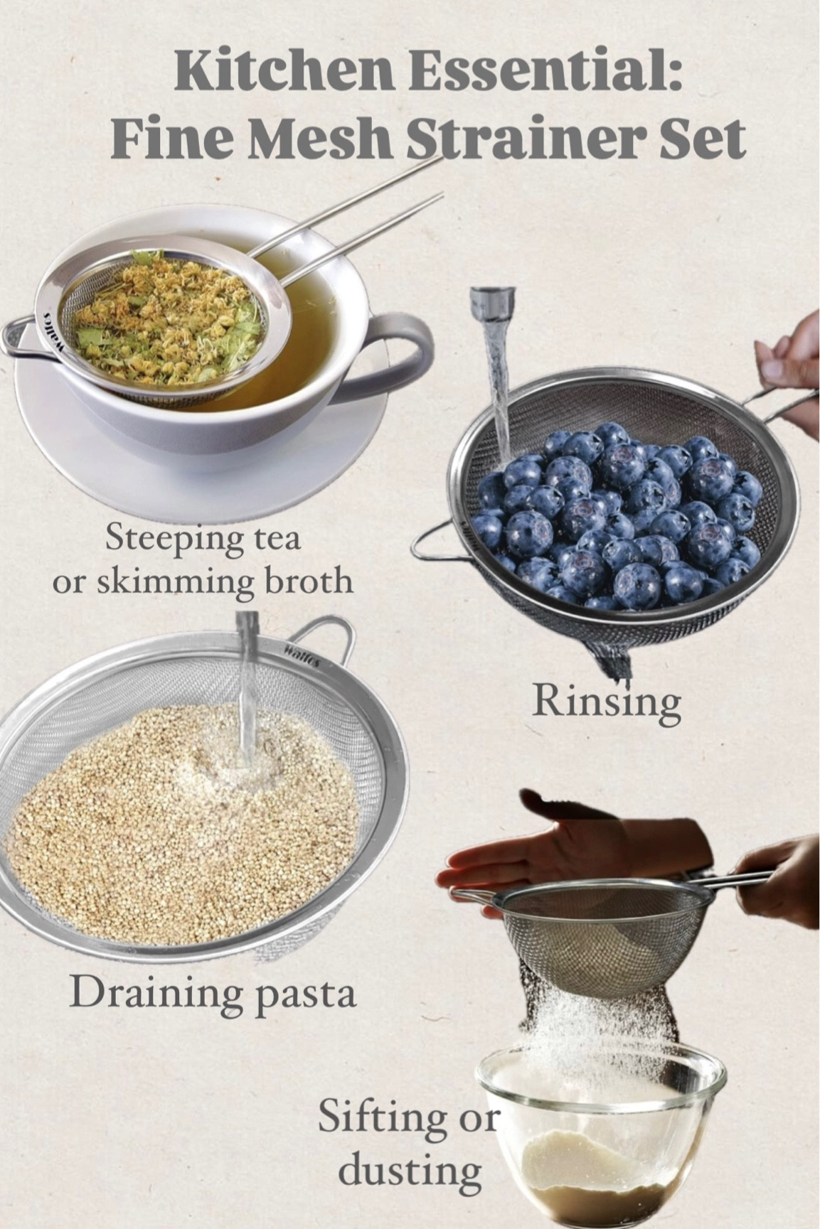 Kitchen Essential - Fine Mesh Strainer Set 

Can be used for steeping teak, skimming broth, rinsing produce, rice, grains, beans, fruit. 
Also great for draining pasta or broth. 
Can also be used to sift flour or dust powdered sugar. 

One kitchen essential you will use weekly! 

#LTKFamily #LTKHome #LTKSaleAlert