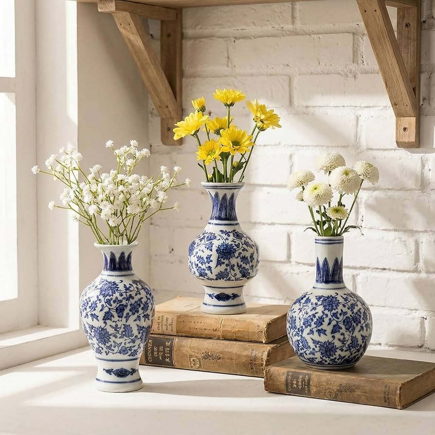Goaste 3 Pack Small Blue and White Porcelain Vases, 5.5 Inch Tall Mini Vintage Vases, Classic Dec... | Amazon (US)