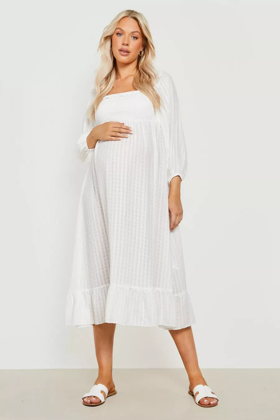 Maternity Shirred Frill Smock Midaxi Dress | Boohoo.com (US & CA)