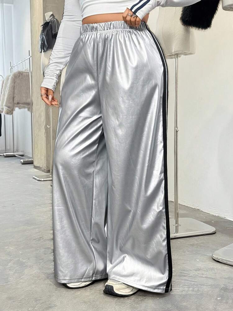 SHEIN EZwear Silver Straight Leg Loose Fit Plus Size Casual Pants | SHEIN