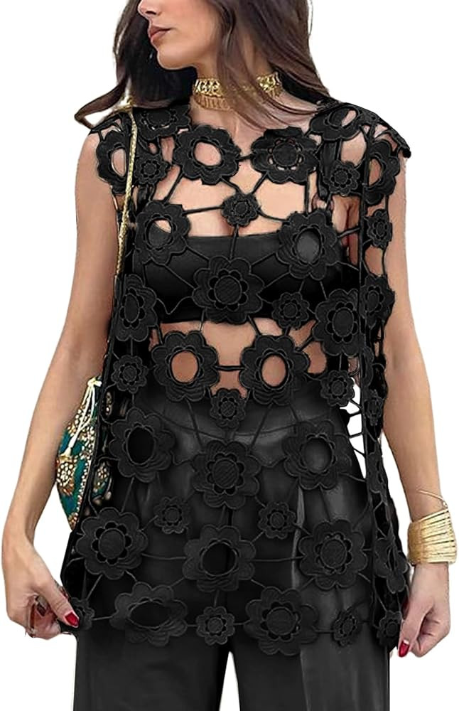 Yimoon Womens Hollow Out Floral Lace Vest Sleeveless Long Crochet Cover Up Crewneck Going Out Top... | Amazon (US)