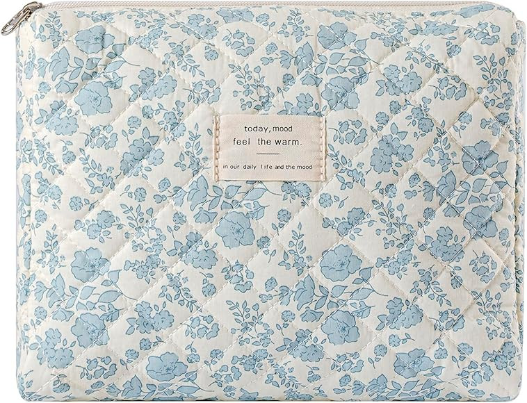 uekeboag Quilted Cotton Makeup Bag,Coquette Quilted Toiletry Bag for Women and Girls,Floral Coquette Pouch,Cute Kawaii Travel Cosmetic Bags(05Light Blue Flower) | Amazon (US)