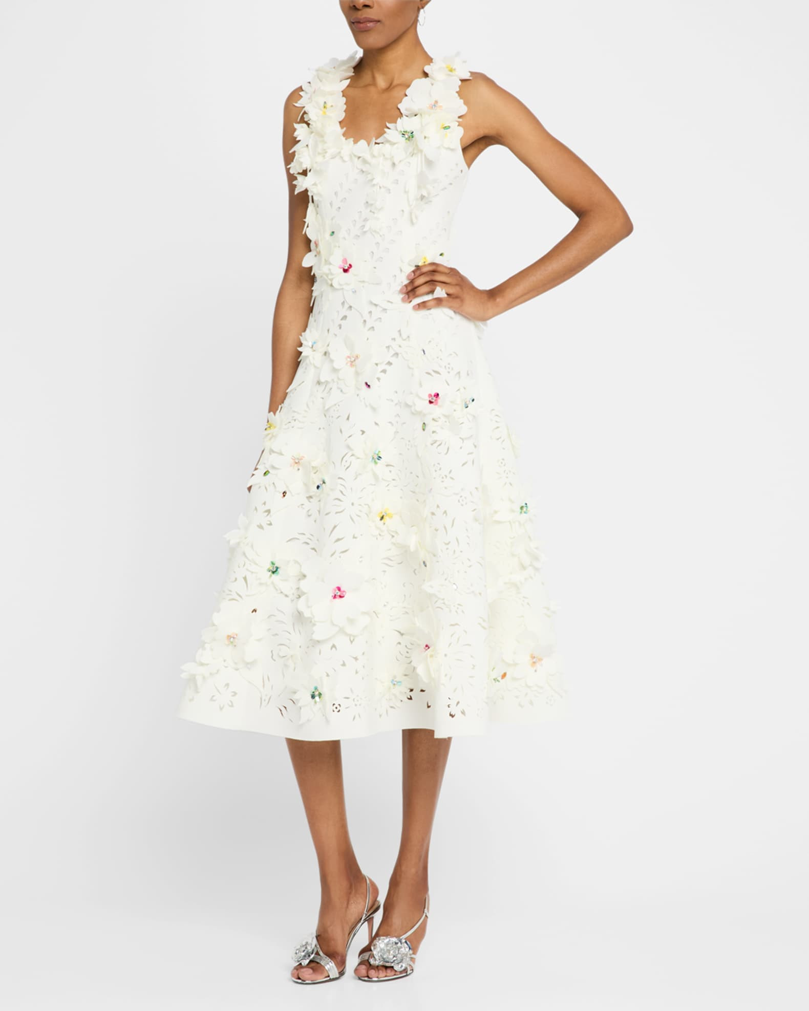 Badgley Mischka Collection Sleeveless Cutout Floral Applique Midi Dress | Neiman Marcus