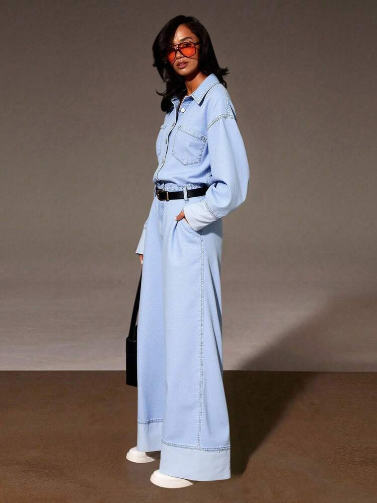 SHEIN Tall Women's Basic Fall Casual Washed Wide Leg Denim Jumpsuit Business Casual Woman Denim J... | SHEIN
