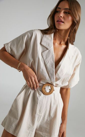 Thaisa Playsuit - Short Sleeve Collared Belted Playsuit in Biscuit | Showpo (US, UK & Europe)