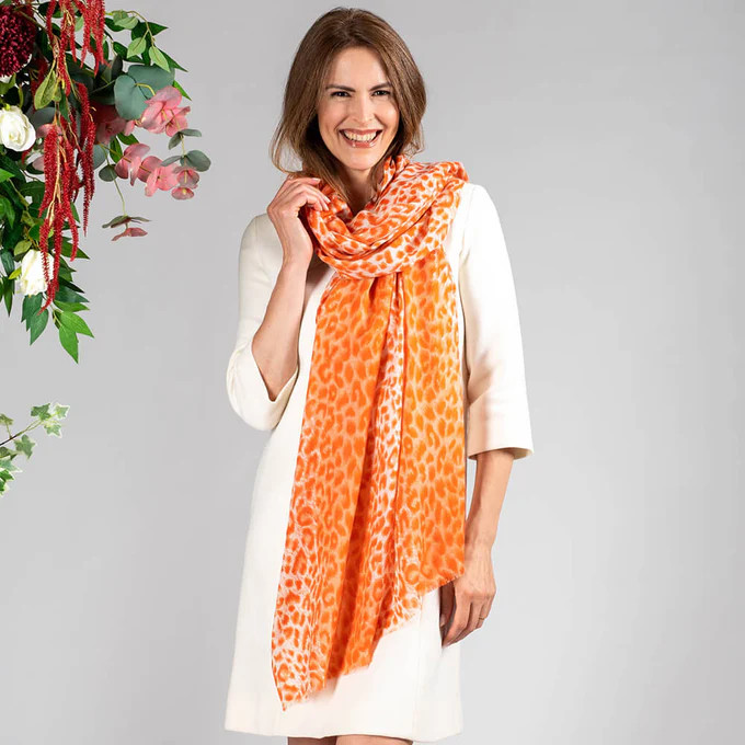 Coral Leopard Print Cashmere and Silk Wrap | Black
