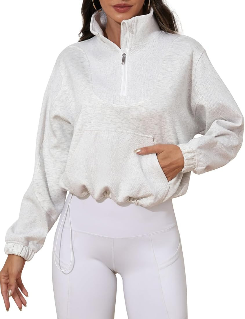 PrettyGuide Womens Scuba Cropped Half Zip Sweatshirt Pullover Stand Collar Ribbed Quarter Zip Hoo... | Amazon (US)