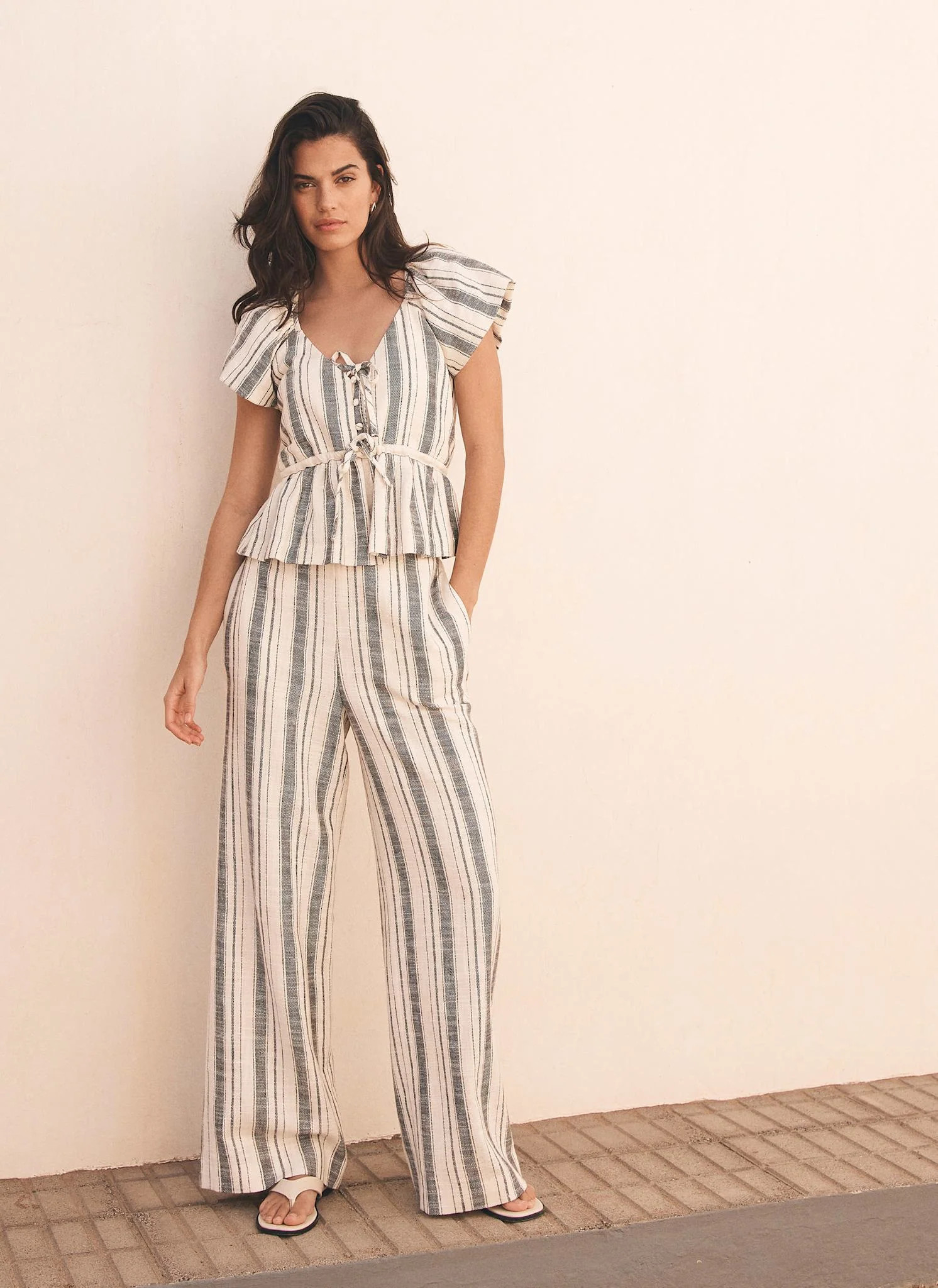 Blue Cotton Striped Wide Trousers | Mint Velvet