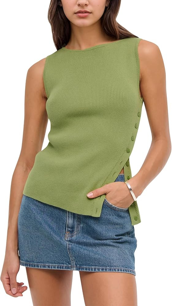Ythomm Womens Asymmetrical Side-Button Slit Tank Tops Sleeveless Boat Neck Ribbed Knit Sweater Ve... | Amazon (US)