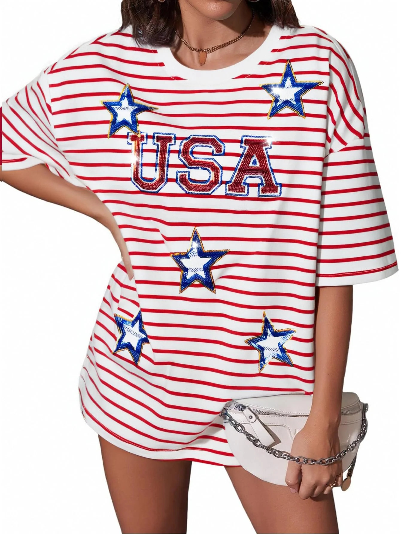 KimSoong Women USA Shirts Oversized Sequin Stars Graphic Tee American 4th of July Striped Shirt P... | Walmart (US)