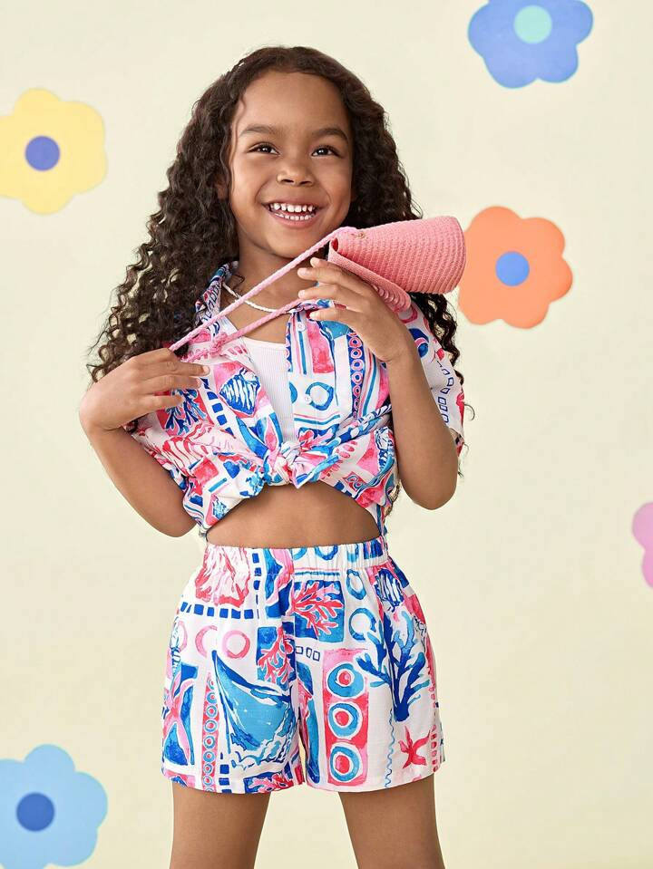 2pcs Young Girl Woven Graffiti Pattern Casual Shirt And Shorts Set | SHEIN
