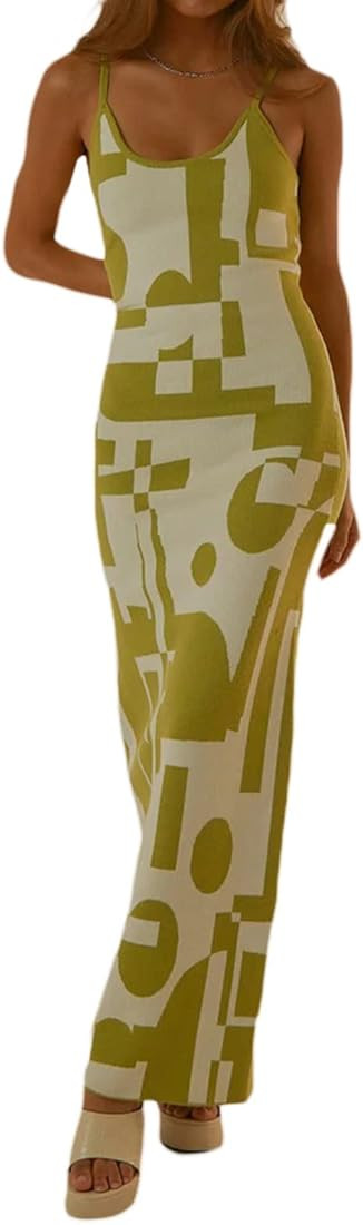 Women Sexy Strap Knitted Split Long Dress Evening Club Color Block Splice Dress | Amazon (US)