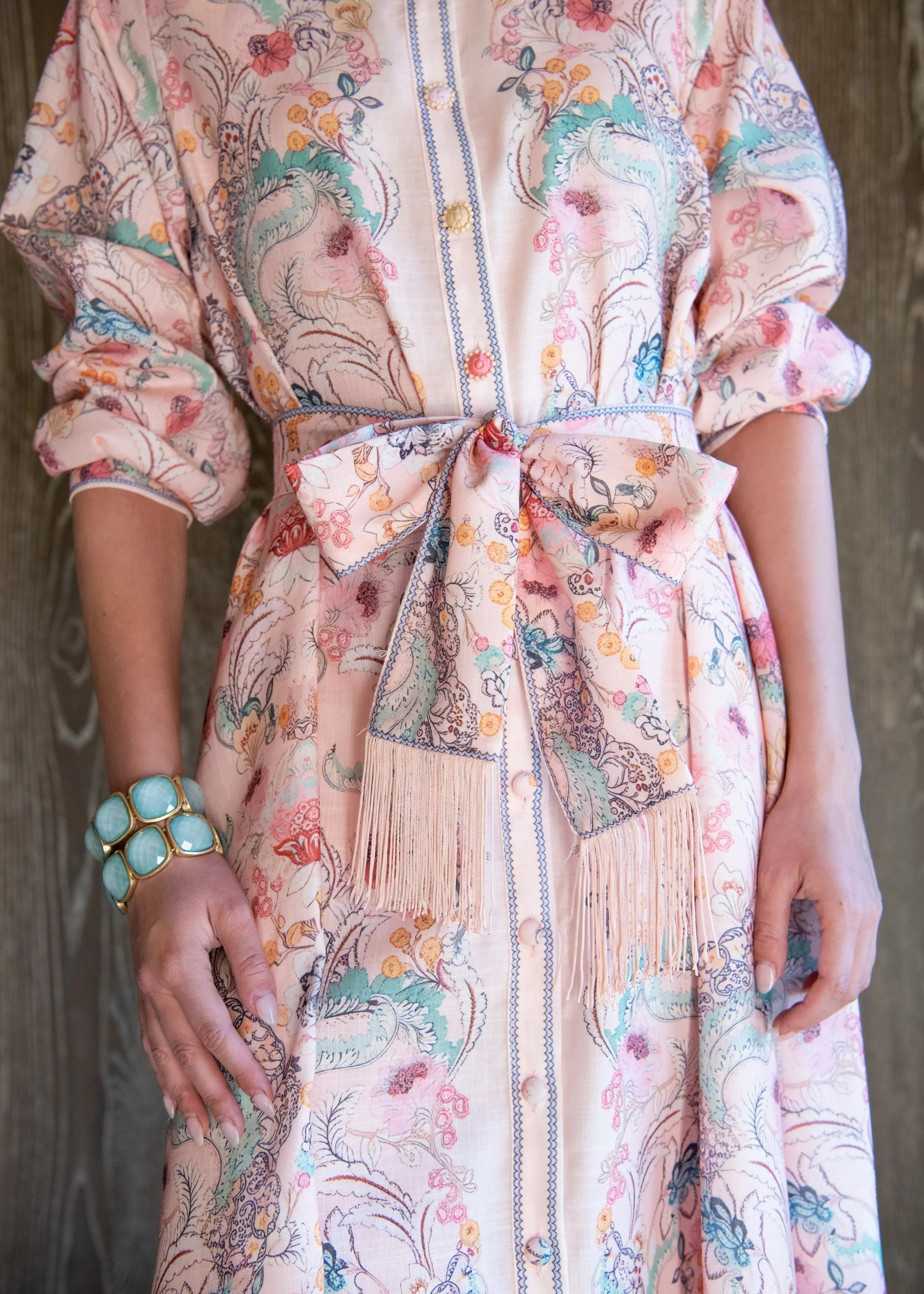 Irina Long Sleeve Floral Maxi Dress with Belted Fringe Waist | Benaar La