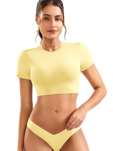 YEOREO Short Sleeve T Shirt for Women Double Lined Crop Top Crew Neck Workout Tee Colin Slim Fit Summer Basic Going Out Top Creamy Yellow Medium | Amazon (US)