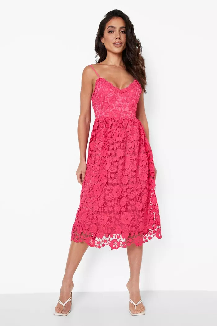 Strappy Crochet Lace Skater Midi Dress | Boohoo.com (US & CA)