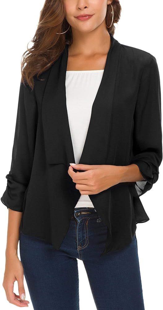 Women's Ruched Sleeve Lightweight Thin Chiffon Blazer | Amazon (US)