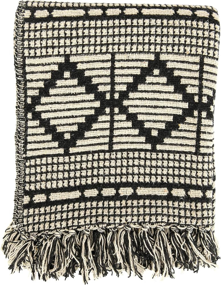 Bloomingville Soft Reclaimed Cotton Blend Throw with Diamond Pattern and Fringe, Black and Beige | Amazon (US)