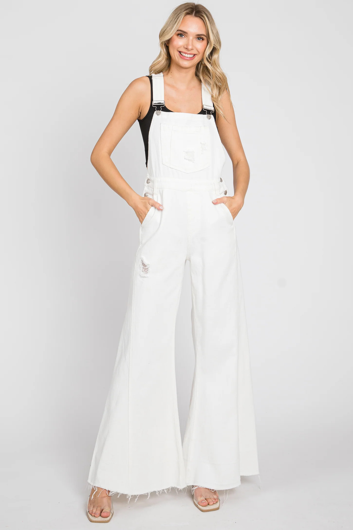 Ivory Denim Distressed Wide Leg Overalls | PinkBlush Maternity