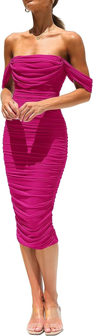 PRETTYGARDEN Women's Ruched Bodycon Dresses Fitted Party Club Amazon Wedding Guest Dress  | Amazon (US)