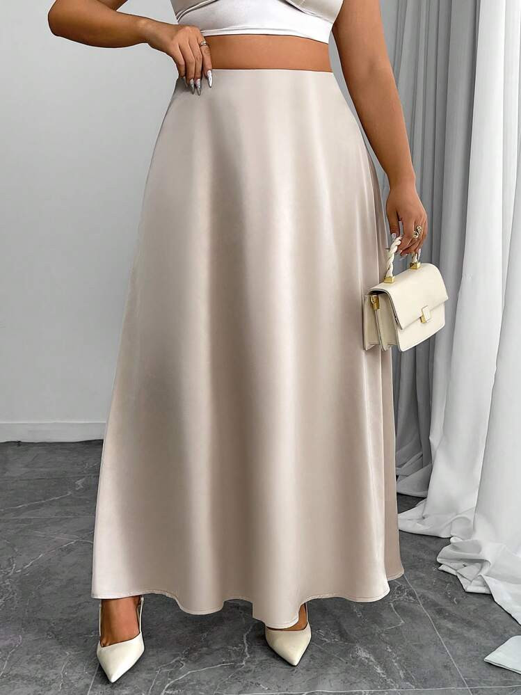 Elenzga Plus Size Elegant Solid Color Long Skirt, Work Appropriate | SHEIN