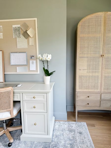 Paint color in my office is Boothbay gray. Cane rolling office chair is from Amazon! My arched cane cabinet is Kathy kuo home but I’m linking a look for less from Amazon! 