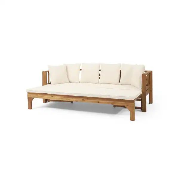 Long Beach Outdoor Extendable Acacia Wood Daybed Sofa by Christopher Knight Home - Teak +  Beige | Bed Bath & Beyond