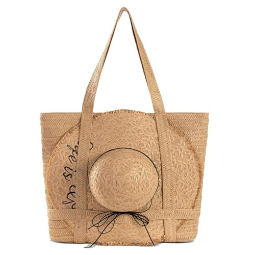 QIANAIWO Boho Straw Beach Tote Bag with Zipper for Women, Summer Travel Bag with Hat Holder, Large Woven Bag for Vacation | Amazon (US)