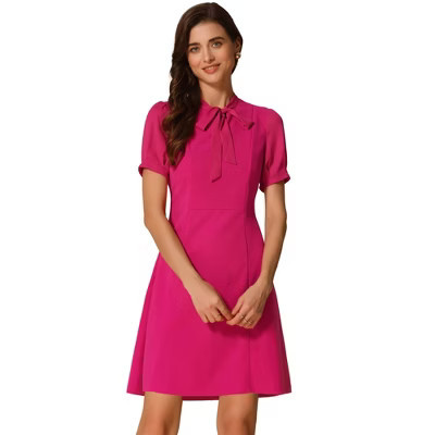 INSPIRE CHIC Women's Bow Tie Keyhole Neck Puff Sleeve Elegant Work Dress Large Hot Pink | Target