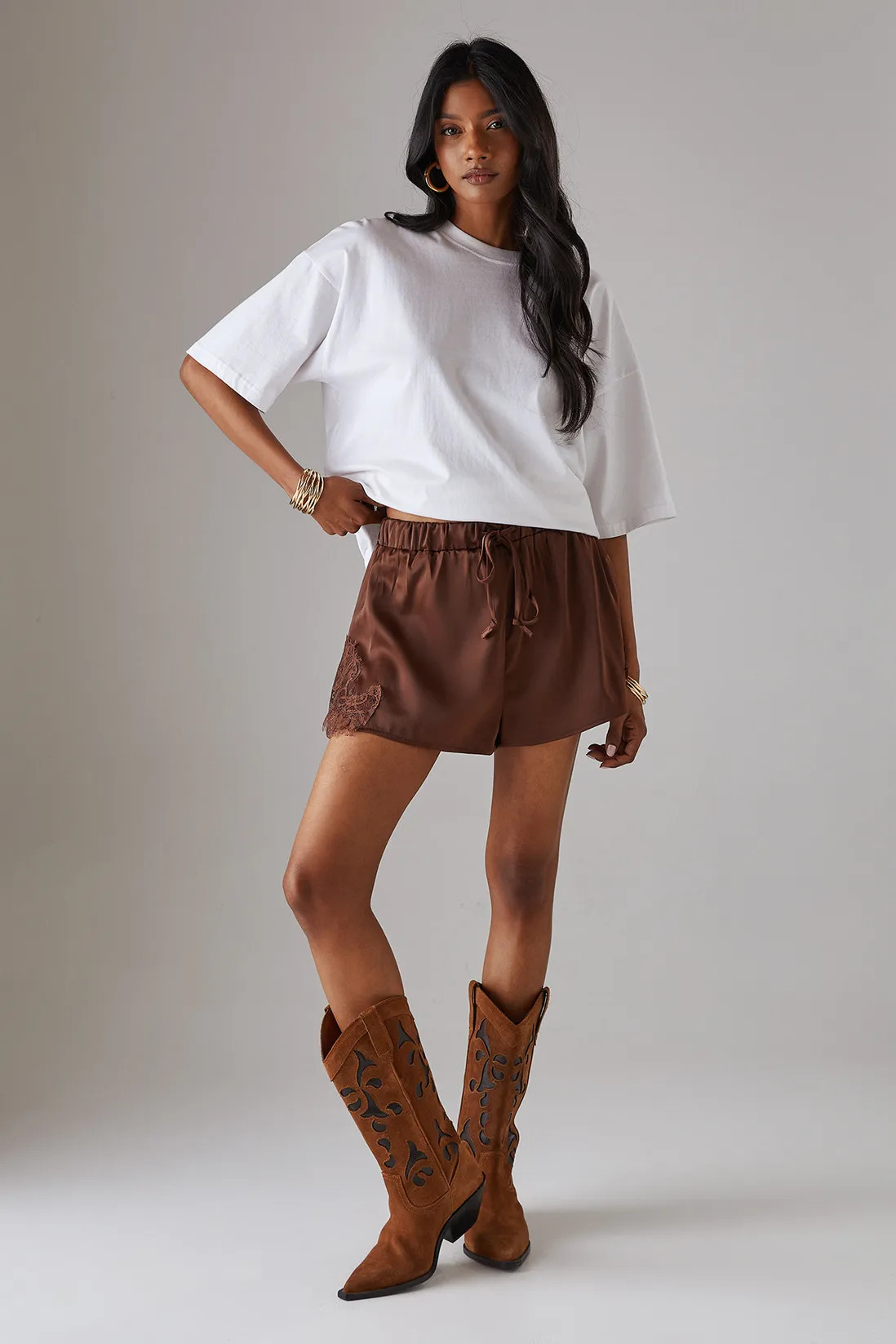 Shorts | Satin Lace Insert Drawstring Waist Shorts | Warehouse | Debenhams UK