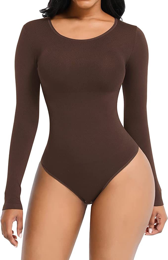 FeelinGirl Seamless Long Sleeve Thong Bodysuit for Women-Tummy Control Shapewear 2023 Winter Fash... | Amazon (US)