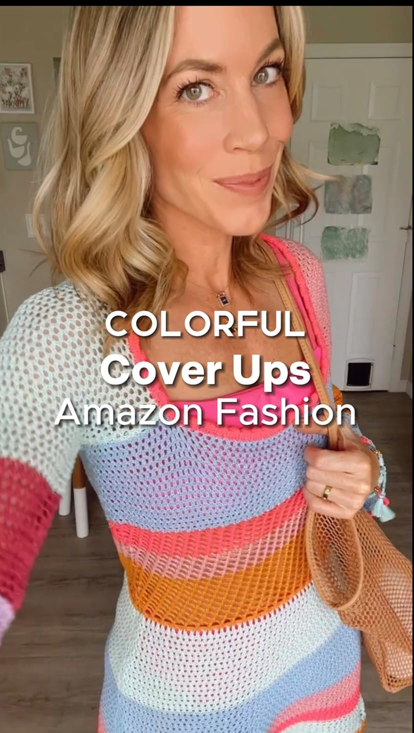 Fabumily Women Crochet Knit Mini Dress Long Sleeve Colorful Mesh Cover Ups Casual Sweater Dress 2022 | Amazon (US)