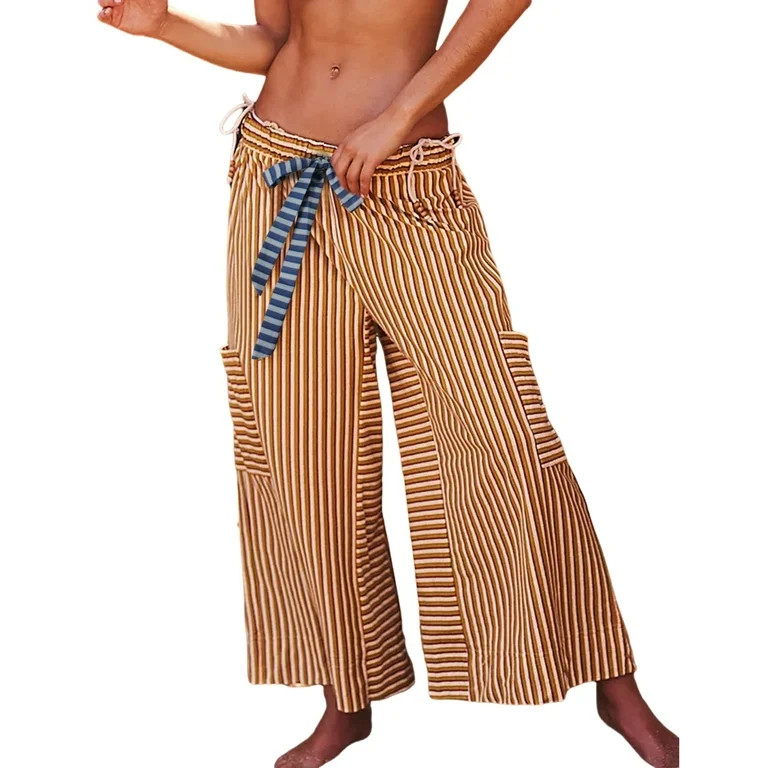 PUWEI Women's Striped Wide Leg Pants Loose Fit Drawstring Waist Casual Palazzo with Pockets | Walmart (US)
