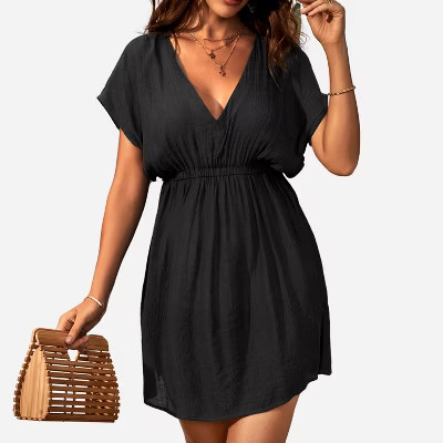 Women's Elastic Beachwear Short Sleeve Cover Up -Cupshe-S-Black | Target
