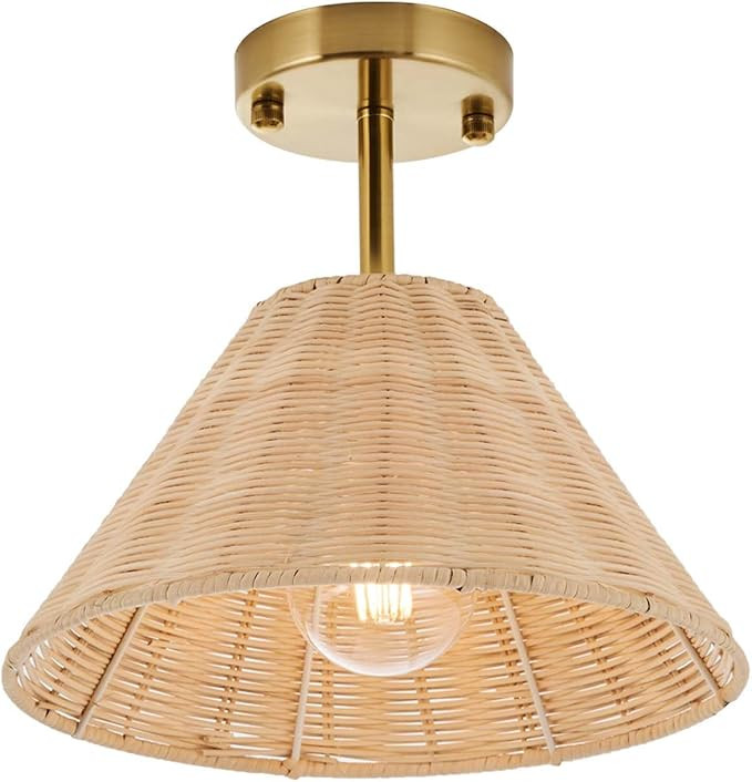 Boho Gold Semi Flush Mount Ceiling Light, Farmhouse Rattan Ceiling Light Fixture with Hand-Woven ... | Amazon (US)