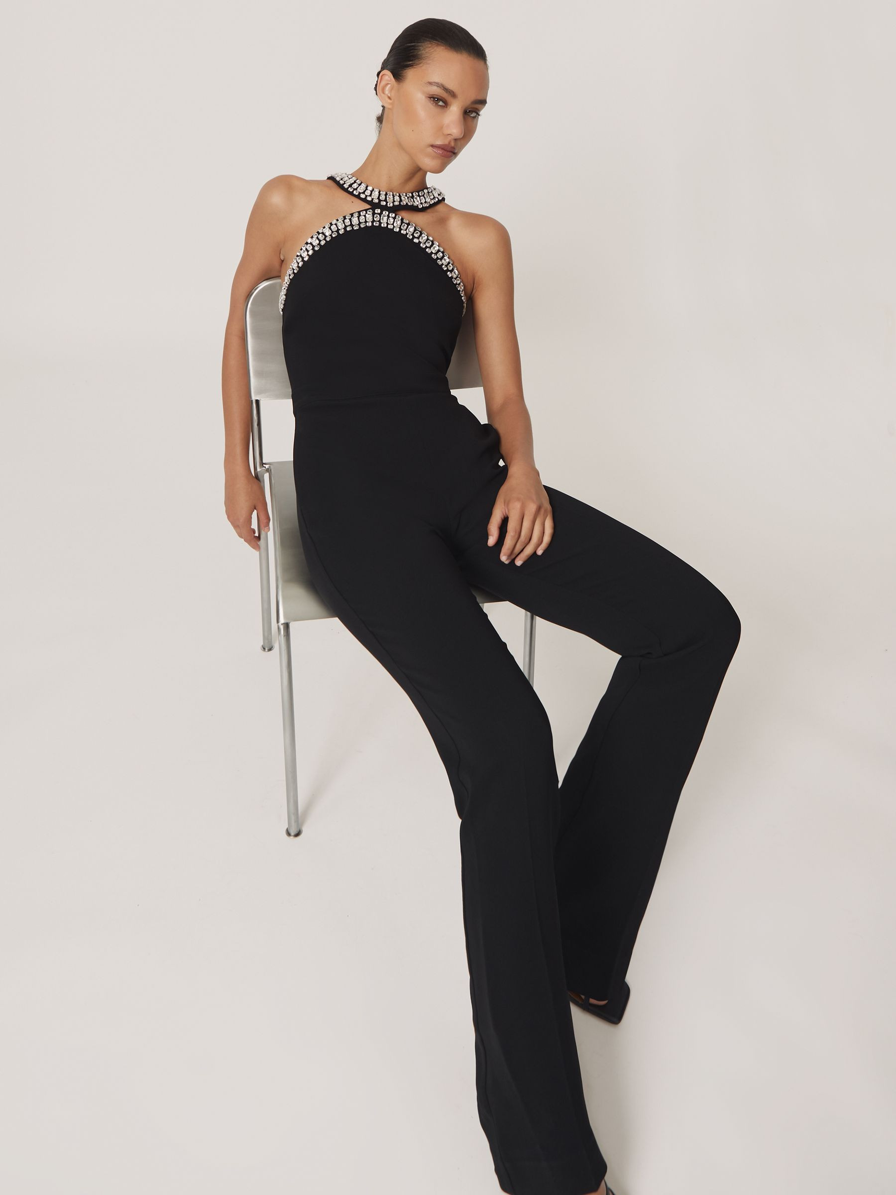 Crystal-Embellished Cut-Out Jumpsuit in Black | Reiss UK