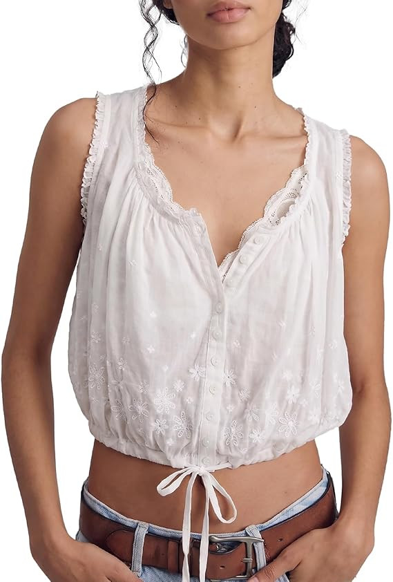 Gnveub Womens Summer Boho Lace Tank Cami Tops Button Down Sleeveless Flowy Blouses Crop Tops Clot... | Amazon (US)