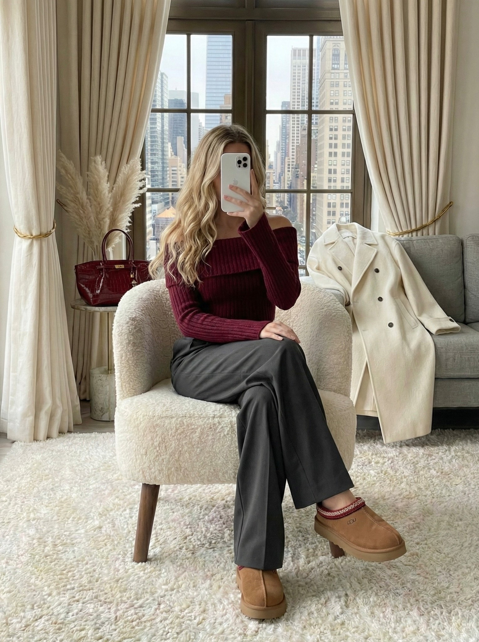 ✨ Cozy Meets Chic — Elevated Winter Casual 🍷✨
A rich winter palette built around deep burgundy and soft neutrals. This off-shoulder ribbed knit adds the perfect touch of femininity, paired with tailored charcoal trousers to keep the look polished. Finished with shearling-lined clogs for that effortless, cozy vibe we all love this season.

A look that easily goes from a relaxed workday to a casual dinner — comfortable, refined, and beautifully seasonal. If you’re into warm tones and minimal winter styling, this one’s such a standout.

🧣 Style Notes:
• Off-shoulder ribbed knit in deep burgundy
• Tailored charcoal trousers for a sleek contrast
• Cozy platform clogs for comfort + structure
• Ivory wool coat for that soft winter balance
• Burgundy bag to tie in the rich seasonal tones

#LTKgrwm #LTKSeasonal #LTKootd