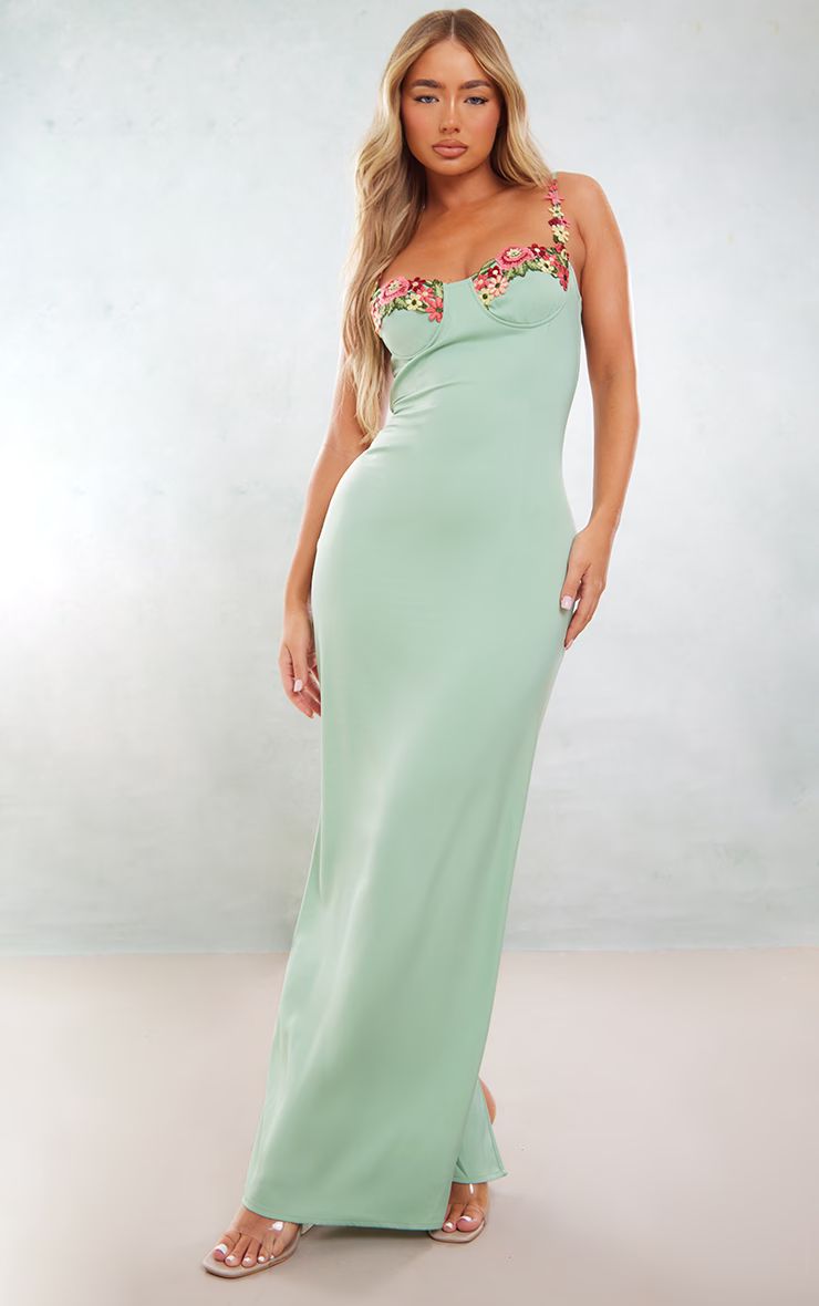 Sage Green Satin Floral Applique Underwired Strappy Maxi Dress | PrettyLittleThing UK