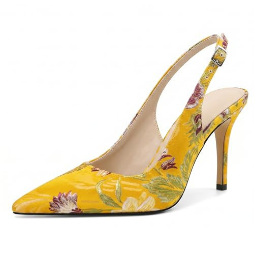 Eldof Women's Yellow Heels Pump Pointed Closed Toe Slingback High Heels 3.5 Inches Buckle Embroidered Flower Wedding Dress Casual Shoes US Size 8 | Amazon (US)