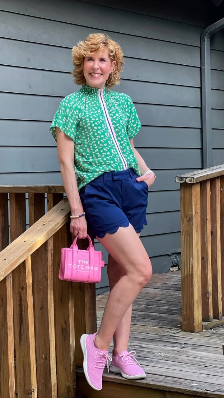 My green smocked neck top is up to 30% off and my scallop-hem shorts are 65% off and come in 3 colors.

My pink handbag/pink mini tote is a fave and the pink sneakers are on repeat this time of year!

My navy blue and white stack is 20% off with code ENB20 and my earrings are faux sapphire and diamond!

#LTKSummerSales #LTKFindsUnder50 #LTKSaleAlert