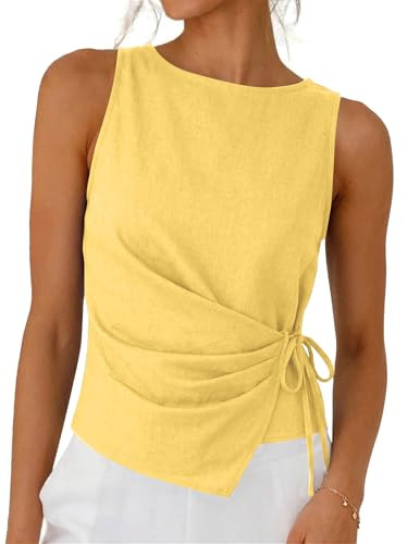 Womens Linen Cotton Crop Tank Tops Tie Wrap Sleeveless Ruched Boat Neck Shirts Casual Summer Beac... | Amazon (US)