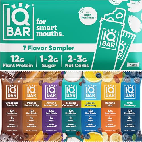 IQBAR Brain and Body Plant Protein Bars - 7 Bar Sampler Pack - Gluten Free, High Fiber, Vegan Snacks - Low Sugar Meal Replacement | Amazon (US)
