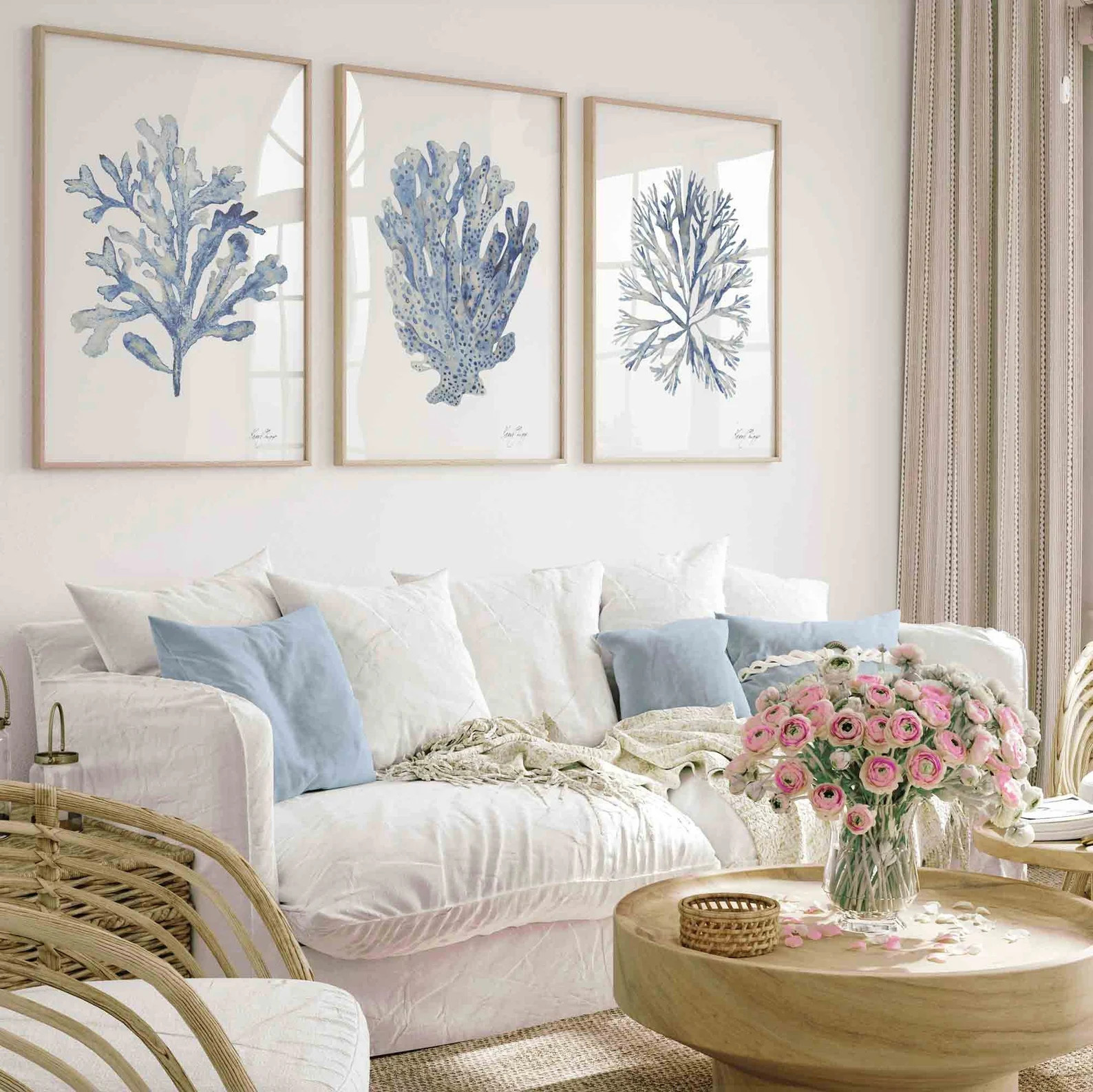 Blue Beige Coral Seaweed Print Set of 3 Minimalist Coastal Wall Decor Modern Watercolor Wall Art ... | Etsy (US)