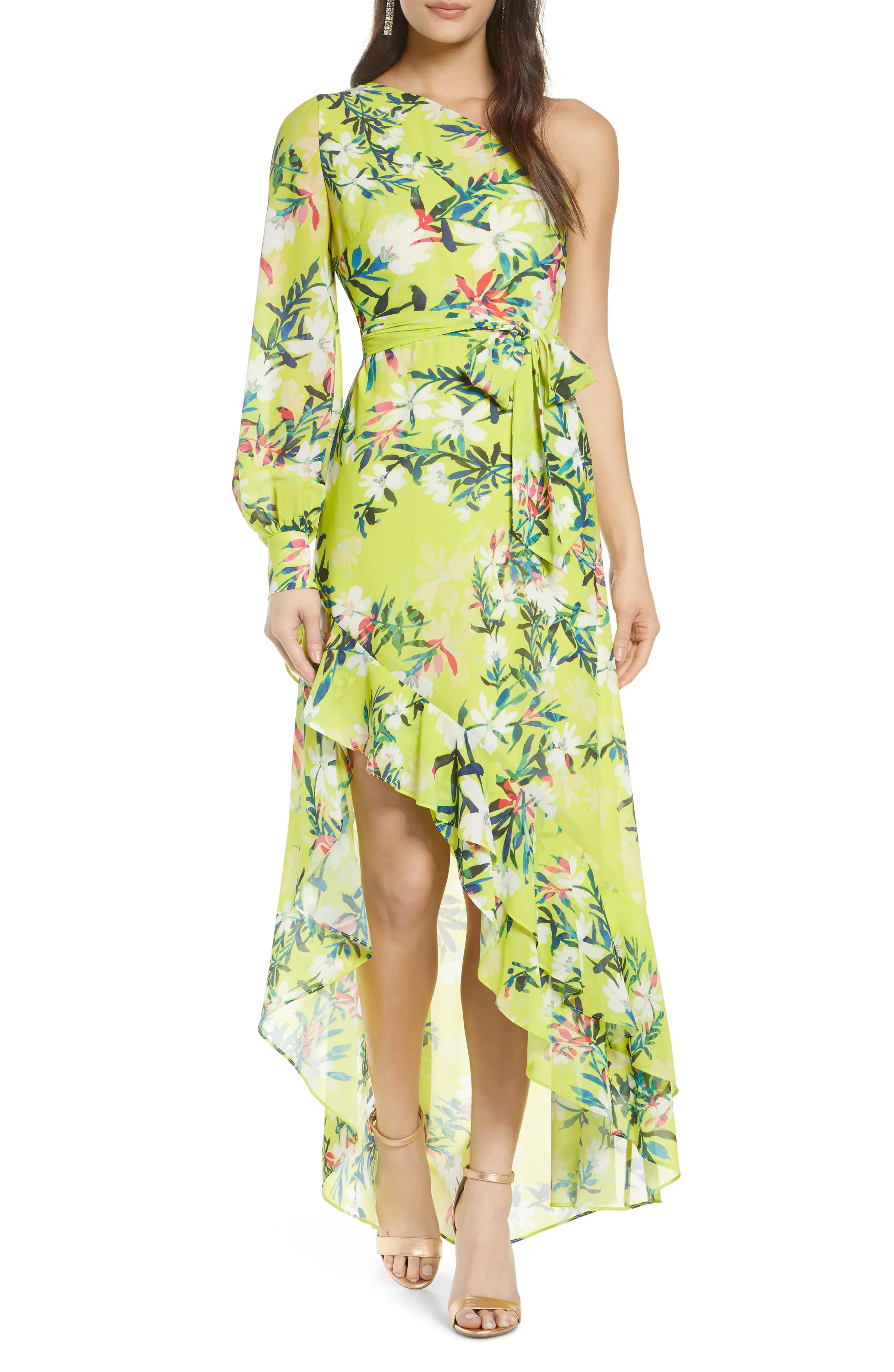 Women's One33 Social Tropical Print One-Shoulder Long Sleeve High-Low Gown, Size 10 - Yellow | Nordstrom