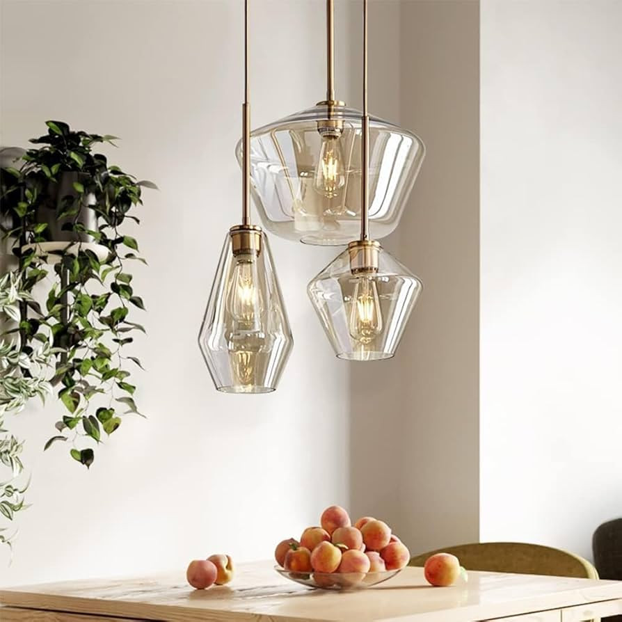 3 Heads Champagne Gold Glass Pendant Light Modern Flush Mount Ceiling Hanging Light Fixture Uniqu... | Amazon (US)