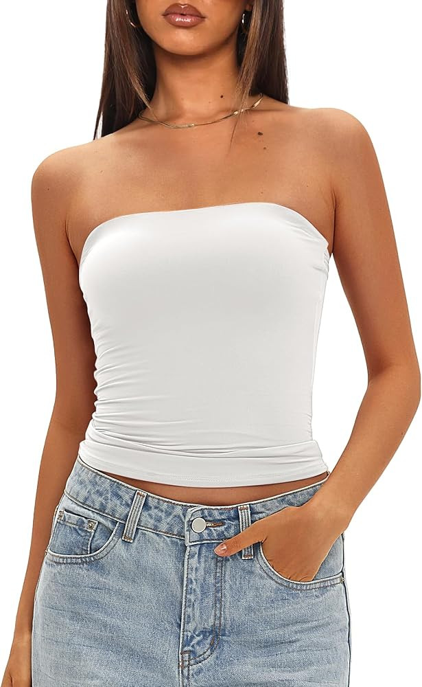 Darong Womens Tube Tops Strapless Crop Tops Tank Top Bulit in Bra | Amazon (US)