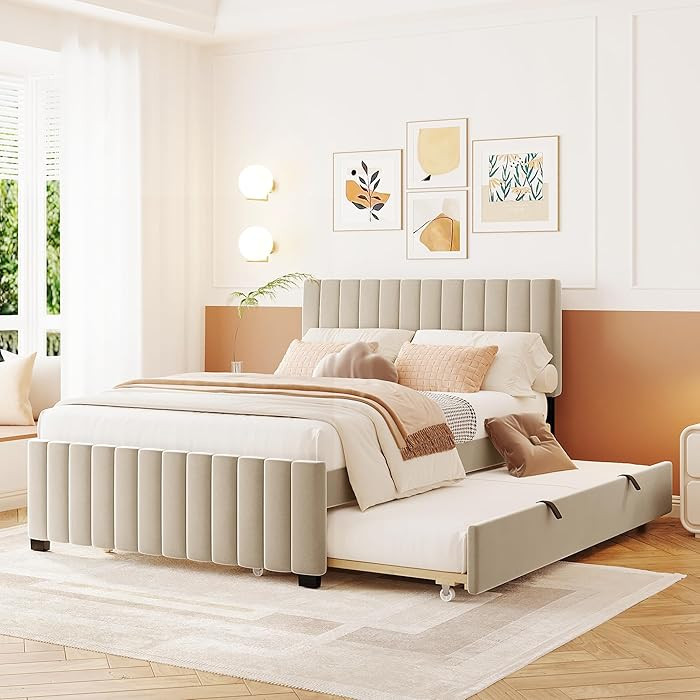 Merax Full Size Bed with Trundle, Velvet Upholstered Platform Bed Frame, No Box Spring Needed, Wo... | Amazon (CA)