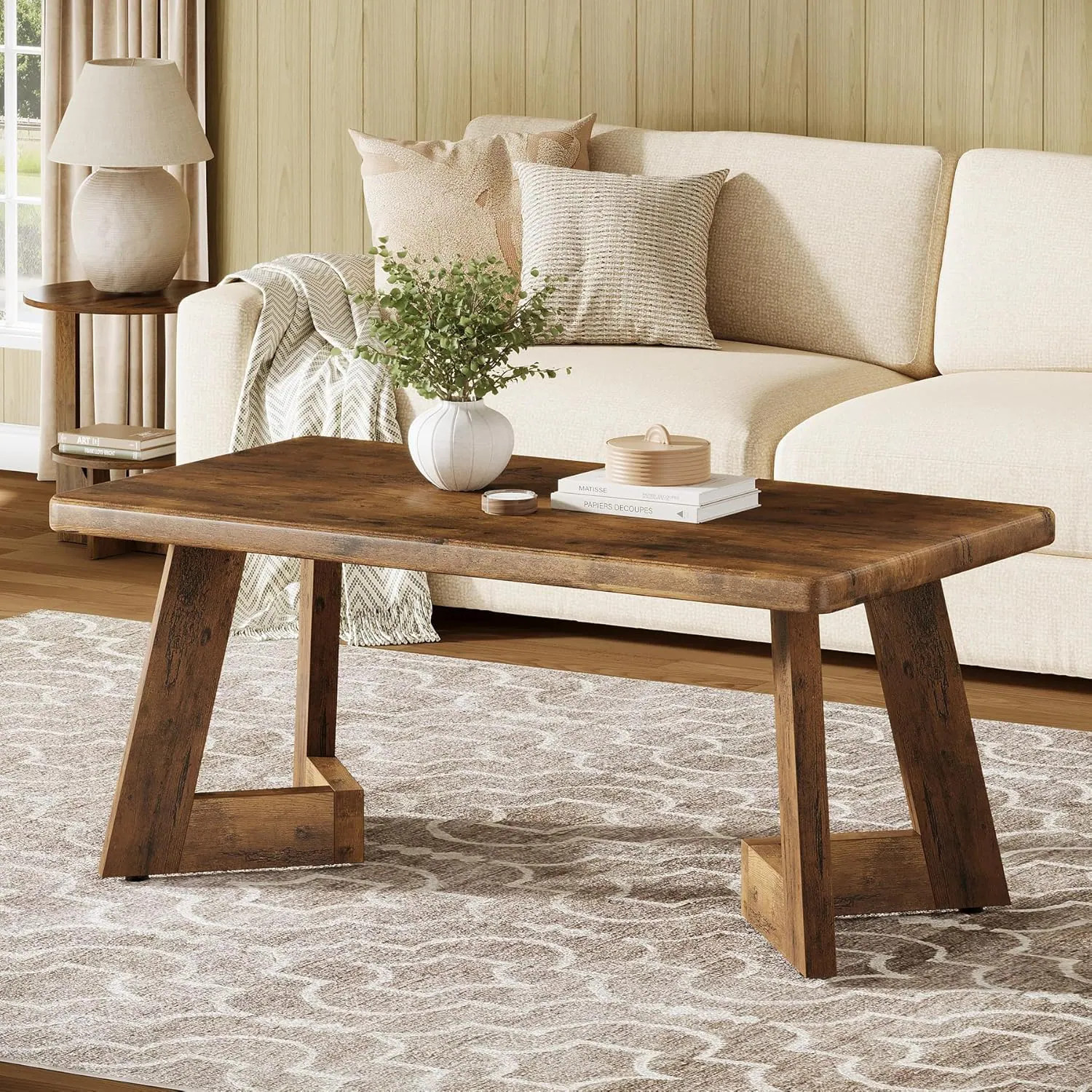 Tribesigns Coffee Table Farmhouse Center Table with V Shaped Legs 47.2 inches Rectangle Living Room Tables Easy to Assemble Rustic Brown one_size | Lowe's